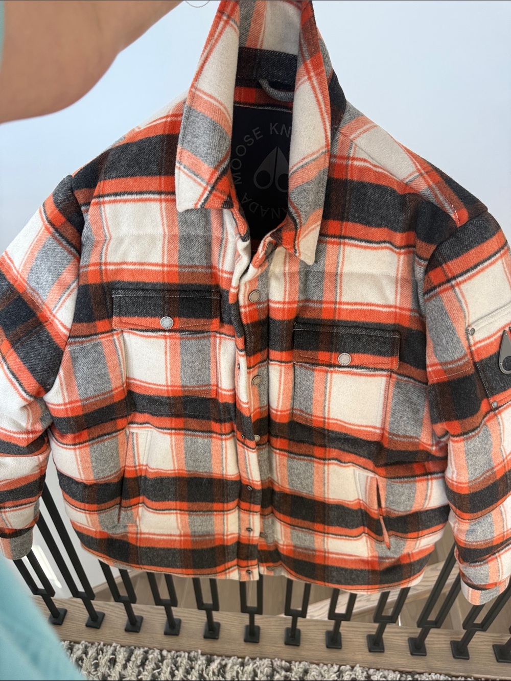 Moose Knuckles Orange, Cream & Gray Plaid Men’s Puffer Jacket